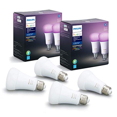 80% Off Discount Philips Hue White & Color Ambiance White Smart A19 Lights with Bluetooth, Hue Hub Compatible 4- pack, 548610-4