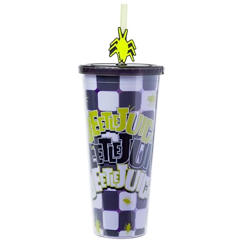 Silver Buffalo Beetlejuice Cockroach Plastic Cold Cup with Lid and Straw Topper, 24 Ounces