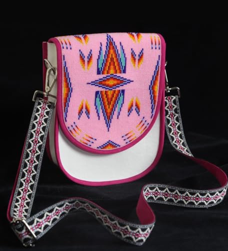 Handmade Beaded Handbag, Native American Style Crossbody bag, Czech Glass Beads Shoulder Bag, Adjustable Strap Unisex Handbag. Pink2