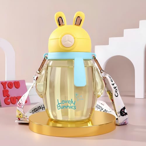 Image of BAYBEE Lovely Bunnies Kids Water Bottle 600ml | BPA Free & Leakproof Safe Sipper Bottle with Straw | Cute Rabbit Design Smooth Sipping with Handle & Strap, Flip Lid for School Kids & Babys (Yellow)