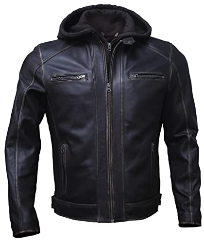 Artistry Mens Genuine Lambskin Leather Motorcycle Jacket with Removable Hood in Black Brown2