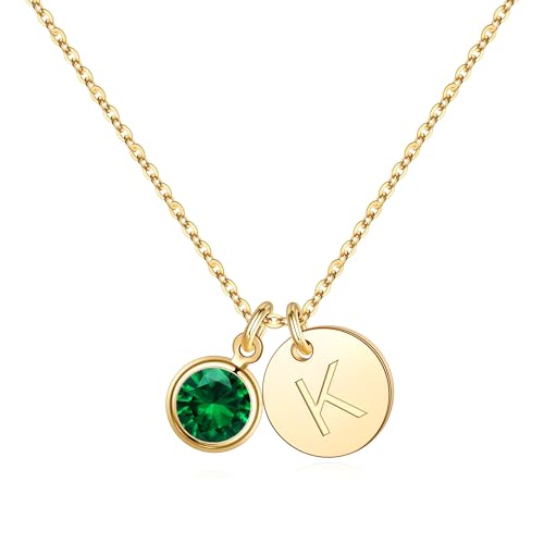 Hidepoo Initial Birthstone Necklaces for Women - Personalized Mothers Day Birthday Gift for Woman Wife Sister Grandma Mom Gifts May Emerald Birthstone Jewelry Disc Letter K Necklace
