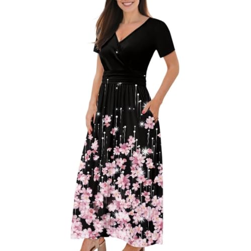 Image of Women's Fall Summer Short Sleeve Ankle Length V-Neck Party Dress with Pockets Size S-3XL