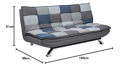AC Design Furniture Jasper Bettcouch Blau/Grau Patchwork, Schlafsofa mit 3 Liegepositionen, Moderner 3-Sitzer Ohne Armlehne, Gepolstert mit Verchromten Beinen, L: 196 x H: 91 x T: 98 cm