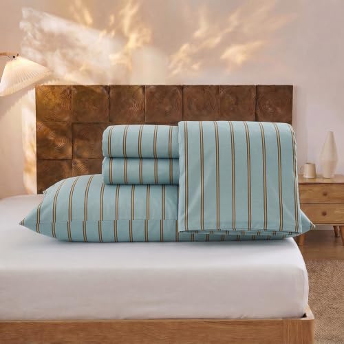 Image of Merryword Green and Orange Striped Sheet Set Queen Size - 100% Cotton Striped Bedding 4 Pieces, Soft Breathable Percale Weave, 17.5 inch Deep Pocket, Luxury Linen Like, All Season Comfort
