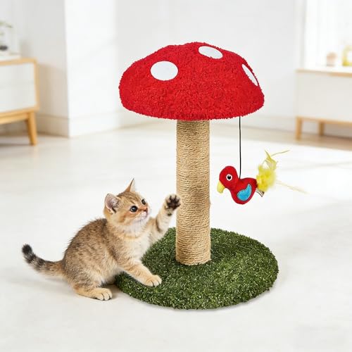Deluxe Jute Mushroom Cat Scratching Post with Dangling Bird Toy | Durable Cat Scratcher for Indoor Cats Home Essential