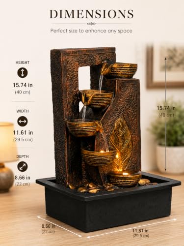 Image of CHRONIKLE Indoor Tabletop Water Fountain with Warm LED Light & Controller Pump | Golden Leaf Designer 4 Diya Step Cascade Polyresin Waterfall Fountain for Home, Meditation Decor | Brown | 40x29.5x22CM
