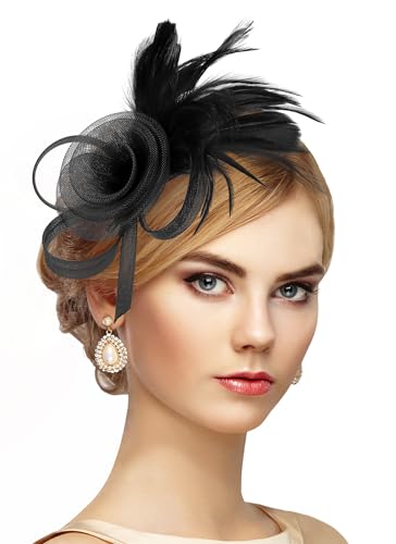 Zinniday Black Fascinators Hats for Women - Victorian 2025 Derby Attire Hat with Hairpin,1920s 50s Elegant Feather Tea Party Cap for Lady Girls Church Cocktail Renaissance Halloween Party Dress Up