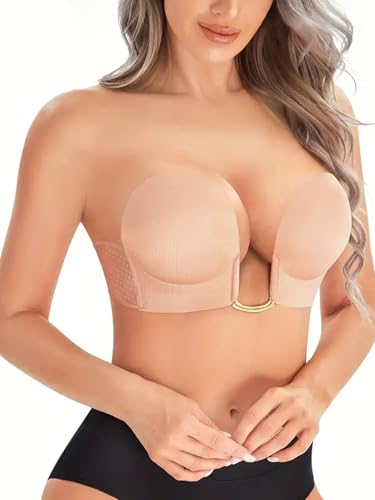 U-Shaped Invisible Bra，Women Sticky Push Up Backless Strapless Deep Plunge Invisible Padded Self Adhesive Bras3