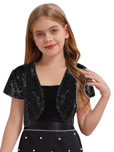 Kids Girls Cropped Bolero Cardigan Glitter Sequin Shrug Casual Short Sleeve Open Front Blazer Jacket3
