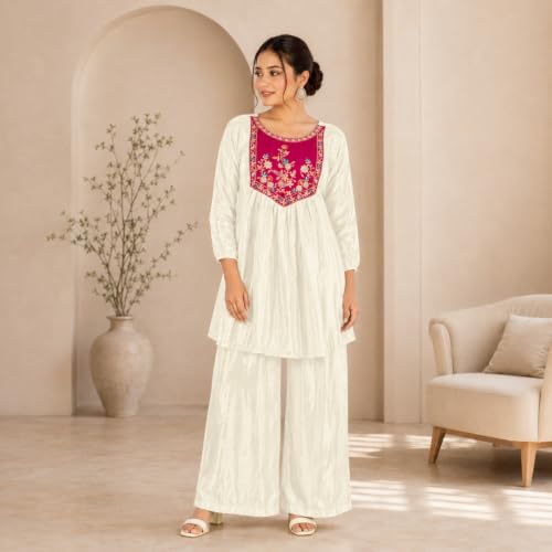 Image of Embroidered Sharara Set for Women | Roman Silk Short Kurta with Flared Sharara Pants | Designer Festive Ethnic Wear Suit Set for Weddings, Sangeet & Celebrations
