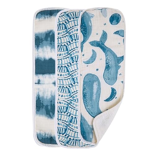Image of Crane Baby Muslin Burp Cloths, Nautical Theme Whale Design, Baby Boy Essentials, Cotton, Set of 3, 7" x 20" Blue Burp Cloth Set