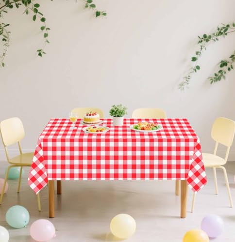 Image of SietDESEO 2 Pack Red Gingham Tablecloth Rectangle 54 x 108 Red and White Checkered Table Cloth Disposable Plaid Table Cover Plastic for Birthday Baby Shower Picnic Wedding Party Supplies