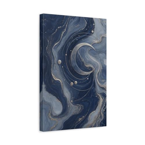 Toile lune bleue et or pour habiller un mur vide - Solution déco salon élégante