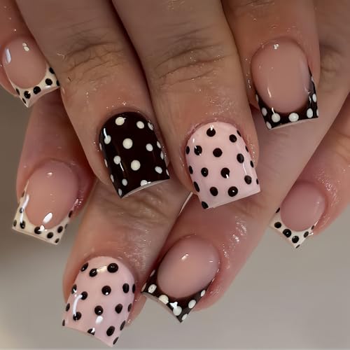Polka Dot Press on Nails Short Square Fake Nails French Tip False...