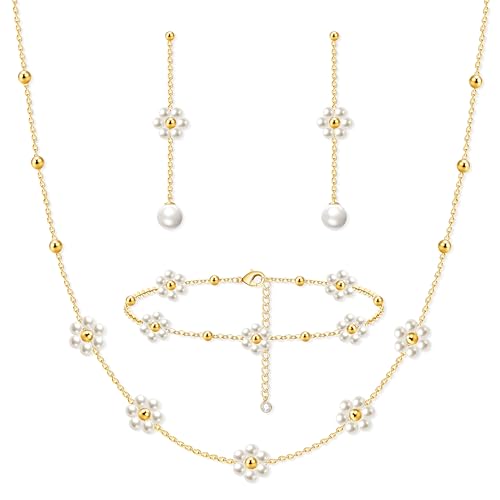 Image of Zeffy Gold Pearl Necklace for Women, Dainty 14K Gold /Silve Plated Layered Pearl Choker Pearl Earrings Pearl Bracelets Wedding Trendy Gold Jewelry Set for Women Gifts