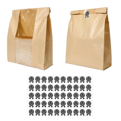 Pumwoy 50 Pezzi Sacchetti di Carta per Pane Con Adesivi e Finestra, Kraft per Sandwich e Alimenti Fatti in Casa