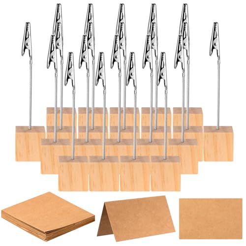 21 Wood Place Card Holders with Alligator Clip,Photo Holders for Tables,Photo Clips for Table Number Stand Memo Holder Clip and Crocodile Clips for Table Numbers Name Signs+30 Place Cards for Tables