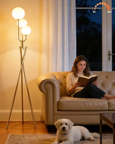 Image of Lightdot Gold Floor Lamp Dimmable Mid Century Tripod Floor Lamp with 3 Pole Lights with 3Pcs 3000K Bulbs Included Tripod Standing Lamps with Stable Base for Living Room /Sofa Beside /Corner Decor