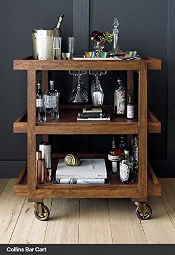 Image of 3-Tier Solid Wood Rolling Bar Cart, Wine Serving Cart with Wheels and Seasoning Rack, Ideal for Dining Room Trolley (3 Tier, Brown Polish) (Style 9)
