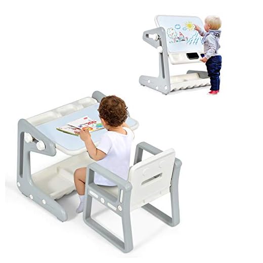 Costzon 2 in 1 Kids Table & Chair, Art Easel w/Adjustable Magnetic Painting Board, Storage Space, Art Supply Accessory, Children Convertible Activity Table Set for Drawing Reading Art Playroom (Gray)