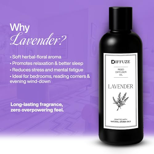 Image of DIFFUZE Lavender Essential Oil Reed Diffuser Refill with 10 Fibre Reed Sticks | Aroma Oil & Fragrance Oil for Home | Diffuser Oil for Home Fragrance | Essential Oil Diffuser for Home, office, bathroom