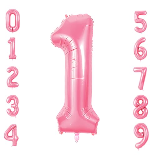 Number 1 Balloons for 1th Birthday Party Decorations, 0-100 Large No.1 Balloons for Girls Boys and Daughter Son, 40 Inch Jewelry Pink Foil Helium Balloon for 1 Year Old Anniversary Decorations