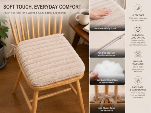 Image of COZY FURNISH Ivory White Solid Fluffy Chair Seat Cushions with Ties, 16x16 Inch Faux Fur Dining Chair Pads with Foam Filling, Pack of 2