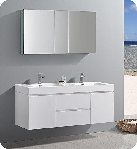 Fresca Valencia 60" Glossy White Wall Hung Double Sink Modern Bathroom Vanity #TOP5