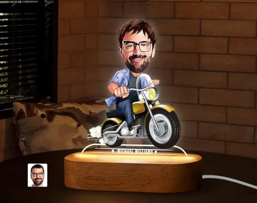 Image of THE GRANDEUR Caricature Gift for Men, Personalized LED Bike Rider Cartoon Figurine Gift for Men - Custom Name Light with Wooden Base, Birthday Gift for Him, (15 x 6 cm)