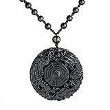 Collar con colgante de amuleto de la suerte de dragón y fénix tallado a mano de obsidiana negra natural para mujeres y hombres