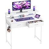 HOMIDEC Gaming Desk with Adjustable Monitor Stand, Computer Office Desk with 2 Storage Drawers, Gaming Table with Headphone Hook, Carbon Fibre Surface, for Gamers, Workers and Students, White, 80cm