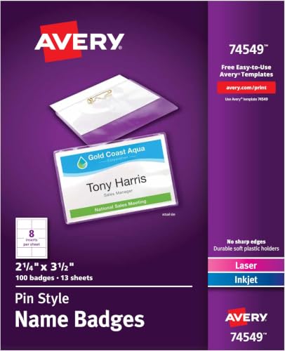 Image of Avery Customizable Name Badges, Pin Style, Clear Name Tag Holders, White Laser /Inkjet Printable Inserts,(74549), 2.25 inch x 3.5 inch (Pack of 5)