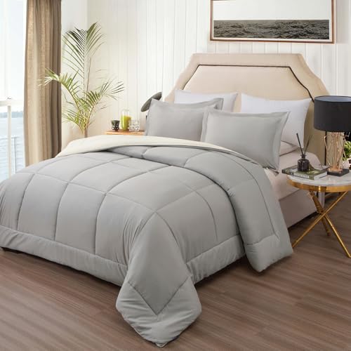 Image of EMME King Comforter Set - 7-Piece Bed in a Bag for All Seaon, Ultra Soft Bedding Set with Comforter, Flat Sheet, Fitted Sheet, Pillowcase, Pillow Sham (Reversible-Grey & White, King /Cal. King)