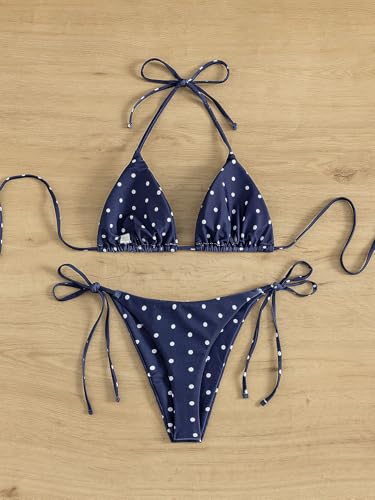 Image of Tainehs Women's Sexy Halter Thong Bikini Tie Two Sides Bottom Triangle Bikini Swimsuits