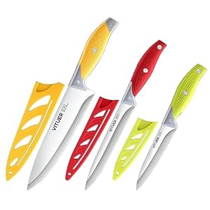 VITUER Chef Knife, 3PCS Kitchen Knife, Multicolor Stainless Steel Sharp Chef Knife Set, 8 Inch Chef’s Knife, 4.5 Inch Utility Knife, 4 Inch Paring Knife (3Pack, Yellow, Red, Green)