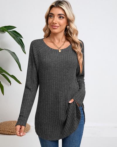 Ficerd 3 Pack Women's Curved Hem Long Sleeve Sweaters, Side Split Crew Neck Tunic Tops Loose Fit Shirts Basic Pullover3