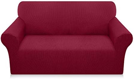 Luxurlife High Stretch Sofa Covers 2 Seater Super Soft Loveseat Cover Upgraded Modern Sofa Slipcover for Dogs Pets Furniture Protector With Elastic Bottom(2 Seater,Wine Red)