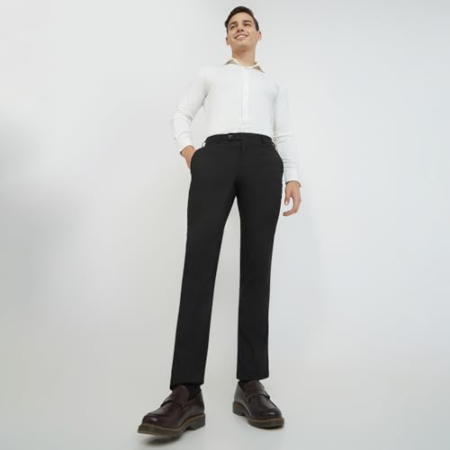 Image of Raymond Men Slim Fit Solid Pattern Poly Viscose Blend Flat Front Formal Trouser