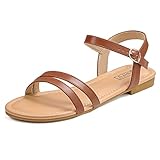 IDIFU Women's Brown Flat Sandals, Dressy Summer Strappy Open Toe Slingback Ankle Strap Wedding Prom Beach Work Sandals, Size 9