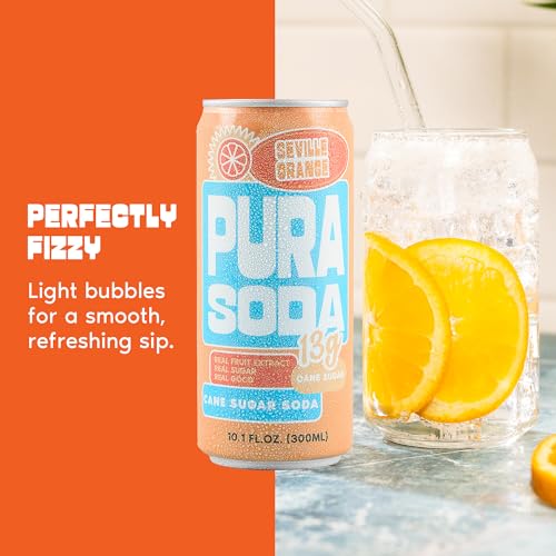 Image of PuraSoda Seville Orange - 12g Pure Cane Sugar Soda, 10 Fl Oz, Pack of 12 | Real Fruit Extract, Non-Gmo Vegan, No Stevia Or Artificial Sweeteners, 13g Cane Sugar, 10 Fl Oz Cans