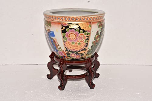 New 6" Double Themed Oriental Peacock Birds & Geisha Women Fish Bowl Jardiniere Planter Plant Pot Satsuma Style With Wooden Stand #TOP1