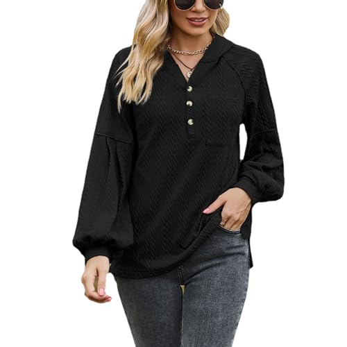 Pulôver feminino com gola de botão grande e gola em V, lanterna, manga comprida, moletom com capuz e