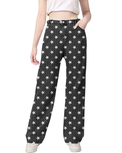 SANGTREE Baggy Jeans for Girls Wide Leg Jeans Elastic Waist Denim Pants Kids Clothes C-Star Prints Black 13-14 Years = Tag 1704