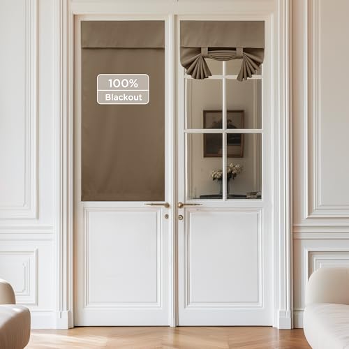 NICETOWN 100% Blackout French Door Curtains, Privacy Curtains for Window, 26 X 50 Inch Long Room Darkening Drapes, Thermal Insulated Door Window Shades for Bedroom, (1 Panel, Khaki)