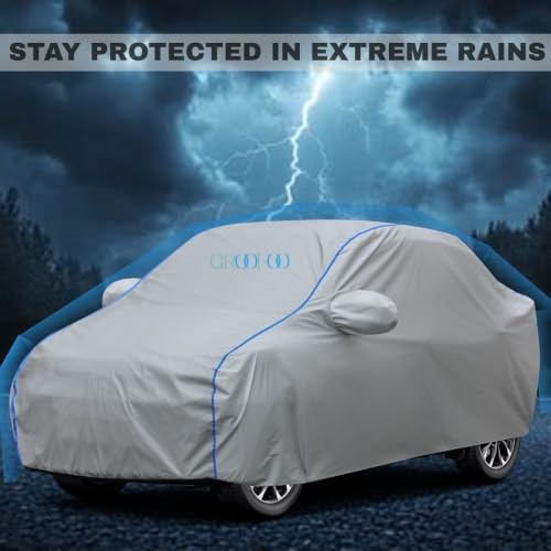 Image of GROOFOO Waterproof Car Body Cover with Mirror Pockets Compatible with Toyota Glanza | Triple Stitch Blue Piping Car Cover UV & Dust Proof All-Weather Protection, Adjustable Buckle (Grey)