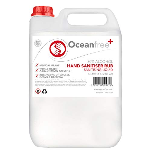 80% Alcohol Hand Sanitiser Liquid Rub - 5L Litre - Kills 99% Bacteria, Germs - Sanitizer