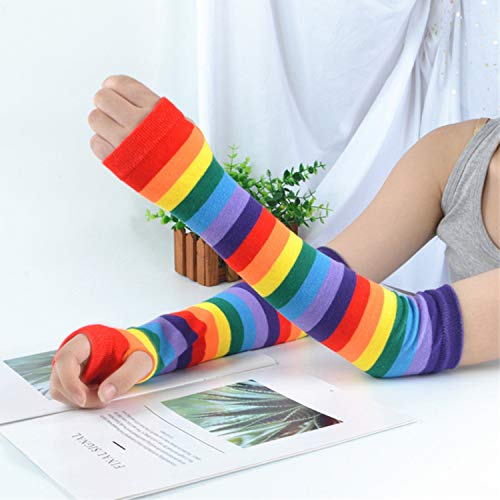 Image of SherryDC Womens Girls Cosplay Rainbow Striped Knee High Socks Leg Arm Warmer Fingerless Gloves Set