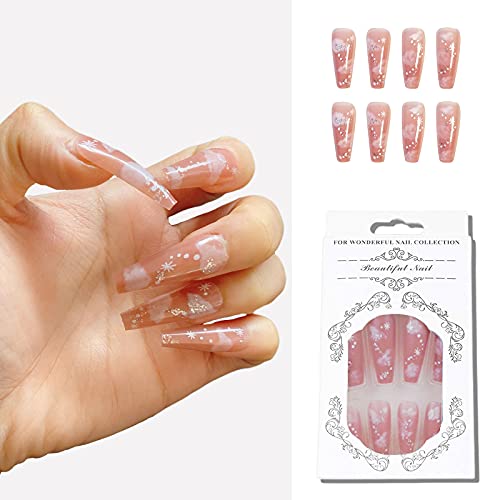 YUESUO 24Pcs Long Press on Nails Cloud Pattern Fake Nails Pink Extra Artificial False Nails Coffin False Nails with Glue Acrylic Nails for Women and Girls