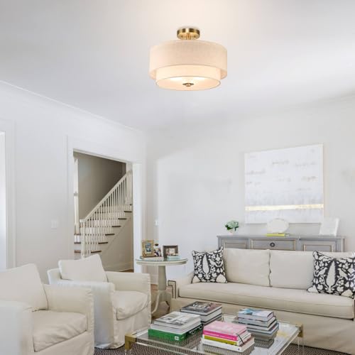 XiNBEi Lighting 16inch Semi Flush Mount Ceiling Light, 3-Light Brass Double Drum Light Fixture with Linen Shade Close to Ceiling Lamp for Bedroom Living Room Kitchen XB-SF1289-BS - Image 6